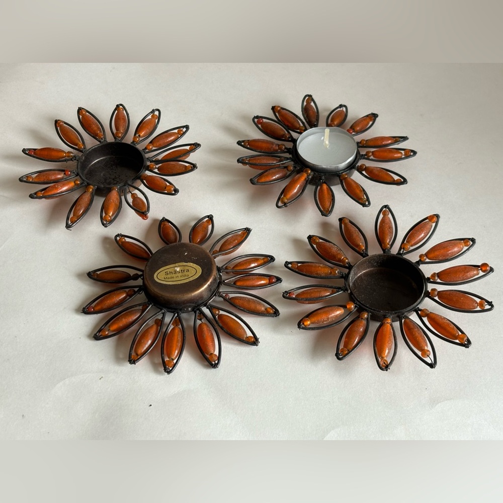Shastra Tea Candle Holders - Vintage Set of 4. Flower Shaped. Amber Color Beads.